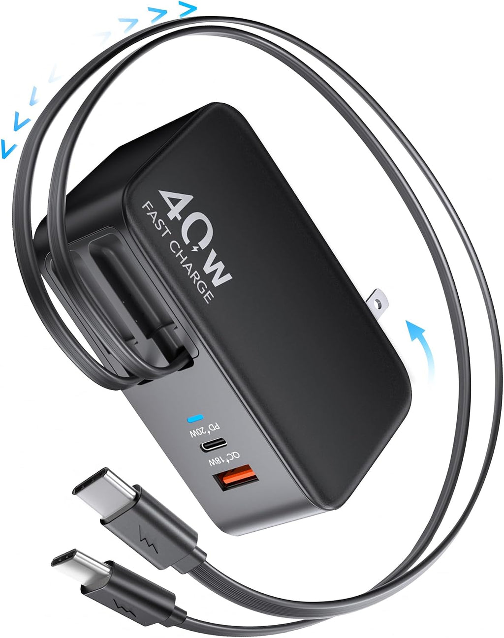 Cargador de pared USB C retráctil con cable tipo C de 90 cm (35,5 pulgadas), cargador plegable de carga rápida de 40 W para todos los dispositivos: iPhone 17/16/15/14/13/12, iPad, Galaxy, Pixel.