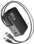 Cargador de pared USB C retráctil con cable tipo C de 90 cm (35,5 pulgadas), cargador plegable de carga rápida de 40 W para todos los dispositivos: iPhone 17/16/15/14/13/12, iPad, Galaxy, Pixel.
