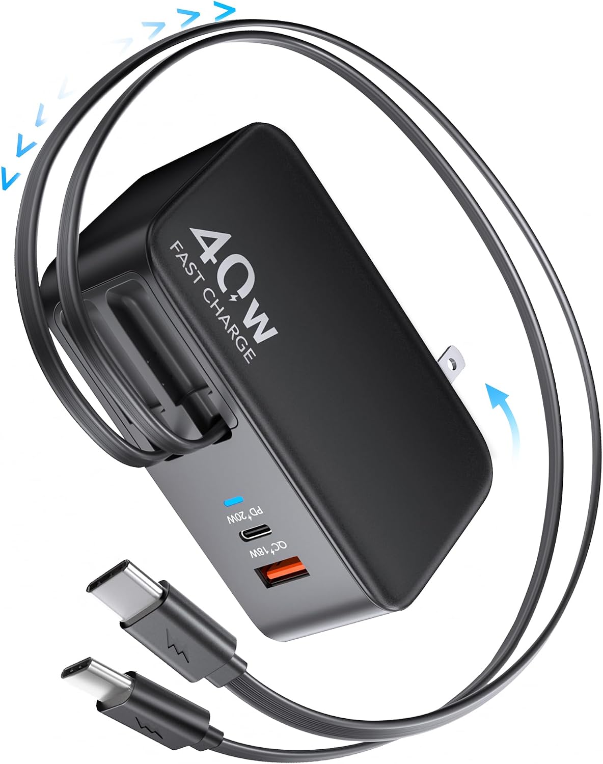 Cargador de pared USB C retráctil con cable tipo C de 90 cm (35,5 pulgadas), cargador plegable de carga rápida de 40 W para todos los dispositivos: iPhone 17/16/15/14/13/12, iPad, Galaxy, Pixel.