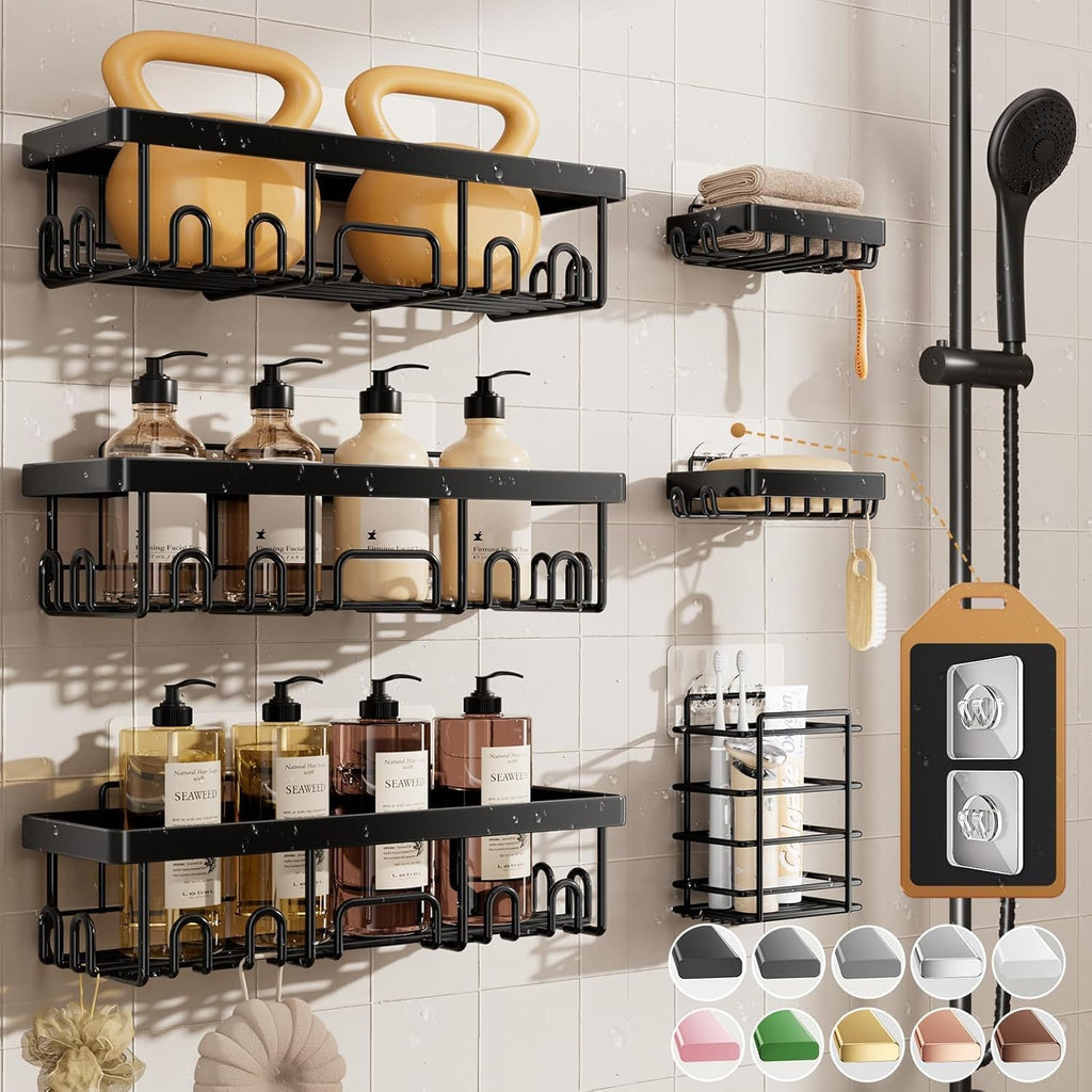 Paquete de 6 organizadores de ducha Veken, diseño avanzado a prueba de óxido, estantes adhesivos sin necesidad de taladrar, estante con jabonera, organizadores y almacenamiento de baño de gran capacidad, decoración de pared para cocina y hogar.