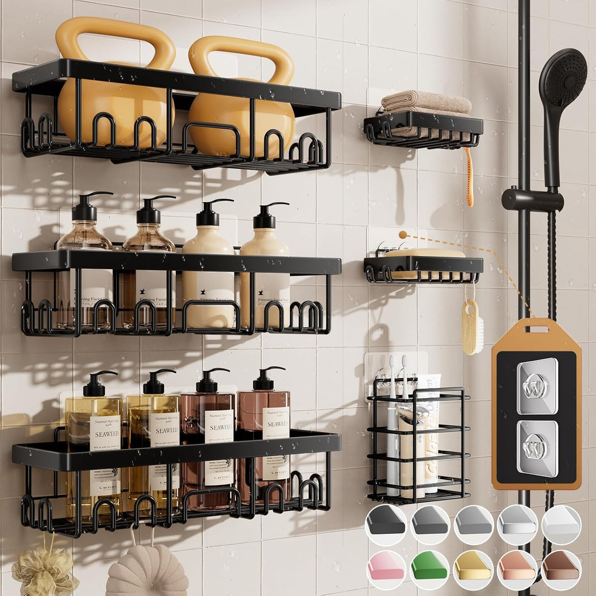 Paquete de 6 organizadores de ducha Veken, diseño avanzado a prueba de óxido, estantes adhesivos sin necesidad de taladrar, estante con jabonera, organizadores y almacenamiento de baño de gran capacidad, decoración de pared para cocina y hogar.
