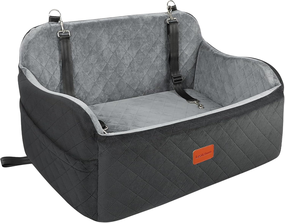 Asiento de Auto para Perro Lealchum hasta 25kg | 2 Correas de Seguridad Ajustables | Cama de Auto para 2 Perros Pequeños | Desmontable y Lavable | Con 2 Bolsillos