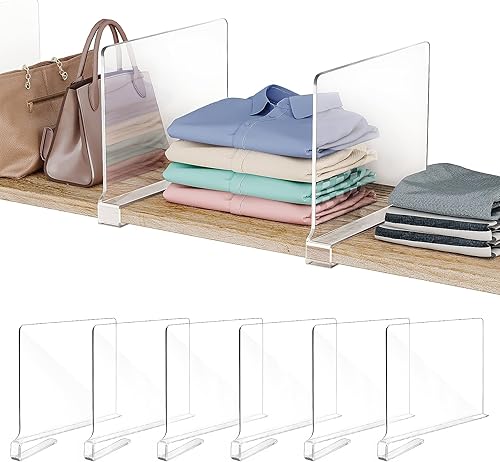 Separadores de estantes acrílicos Fixwal de 6 piezas para organización de armarios. Separadores de estantes transparentes para organizadores de armarios y almacenamiento. Organizador de estantes para armario, dormitorio, cocina, oficina, gabinetes y baño.