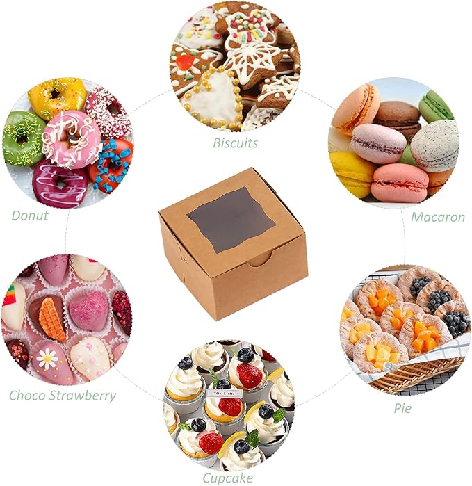 100 piezas de cajas de papel para galletas con ventana, pequeñas cajas de panadería de 10 x 10 x 6 cm, mini cajas para pasteles, cupcakes, postres, donas, fresas de chocolate, caramelos