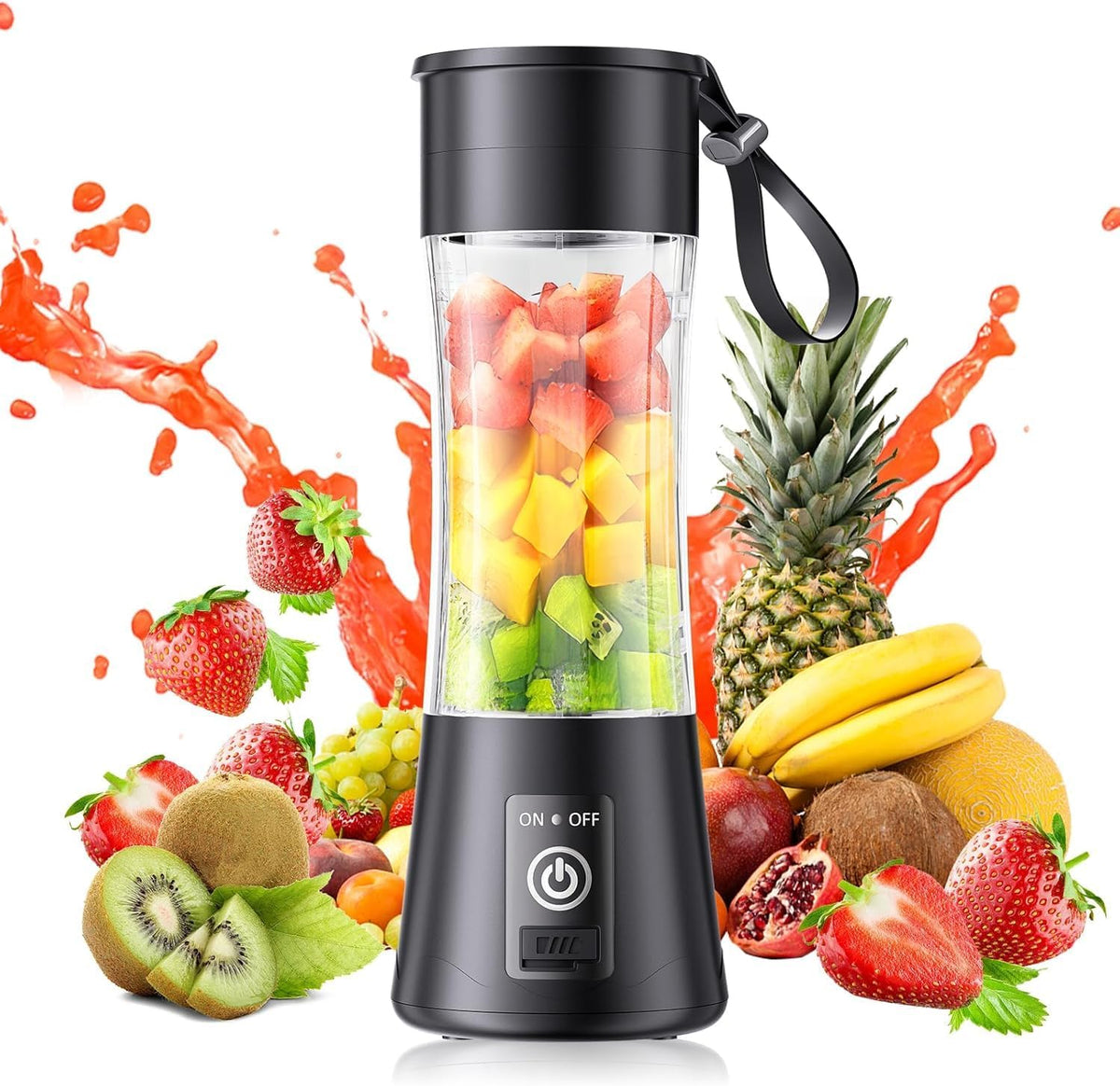 Licuadora portátil YFIXQNSU para batidos y licuados: mini licuadora con 6 cuchillas de acero inoxidable para una mezcla potente. Exprimidor con vaso de viaje de 380 ml para picnic/gimnasio/oficina.