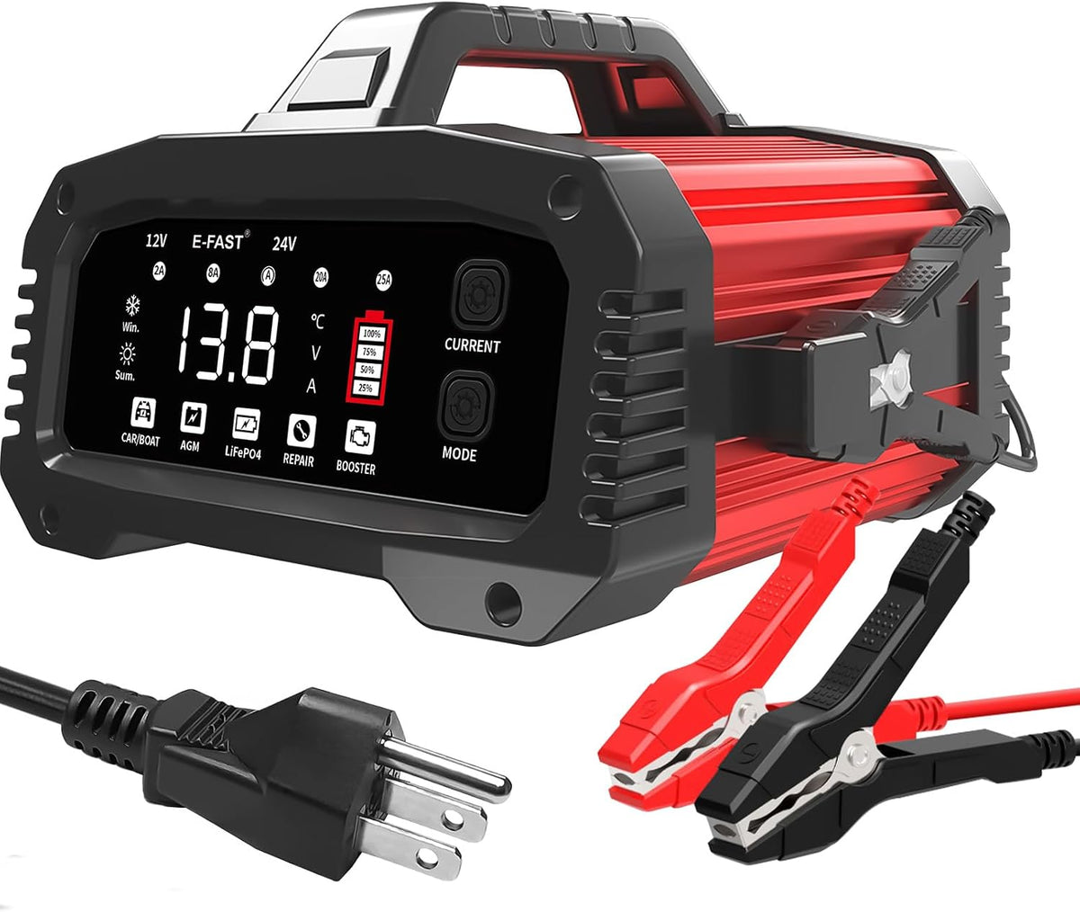 Cargador de Batería Inteligente E-FAST 25A | 12V y 24V | Mantenedor y Desulfatador Automático | AGM Gel Plomo-Ácido LiFePO4 | 1 Unidad