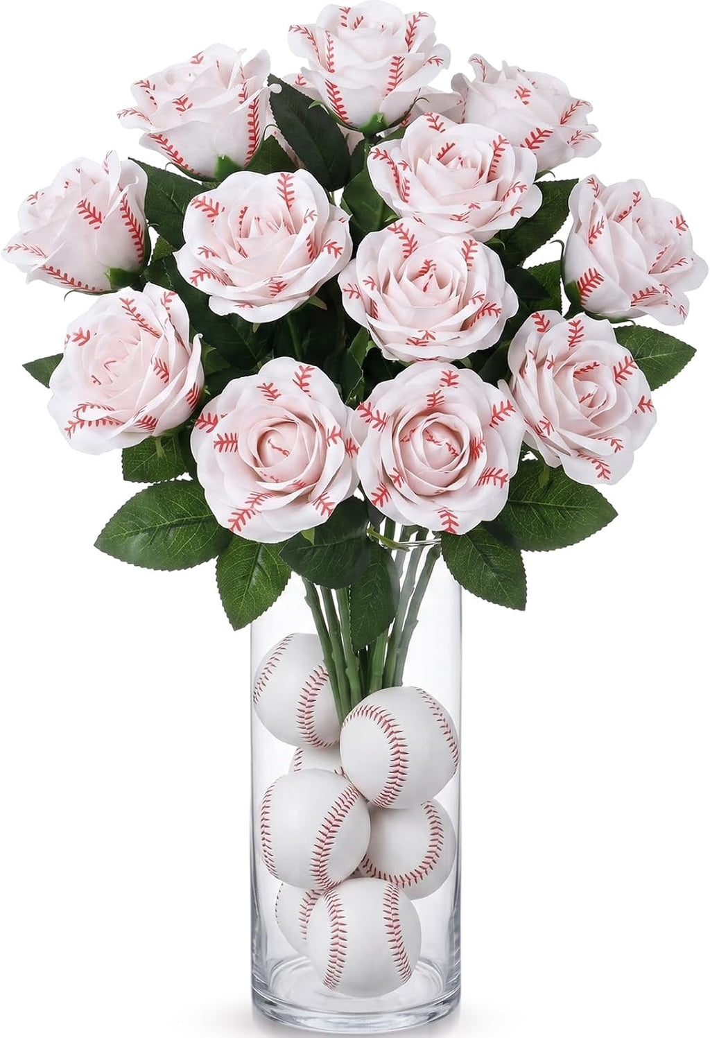 Suhine 12 piezas de rosas artificiales de béisbol para fiestas deportivas, regalos para cumpleaños, graduaciones, bodas, centros de mesa, premios de juegos y regalos para la noche de graduación (color béisbol, tamaño grande).