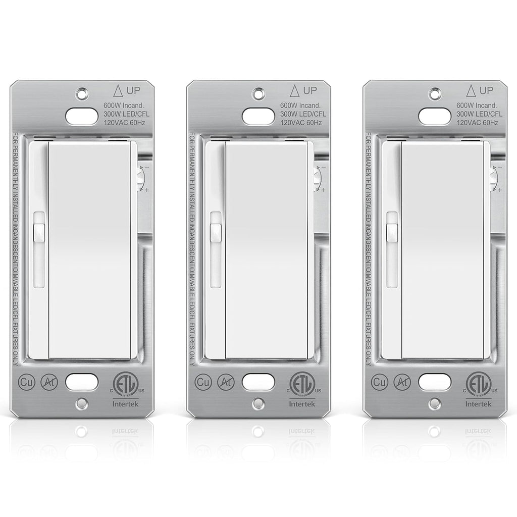 BESTTEN Paquete de 3 interruptores de luz deslizantes con regulador de intensidad, silenciosos, ultradelgados, unipolares o de 3 vías, compatibles con LED, CFL y bombillas incandescentes de hasta 300 W, con certificación ETL, color blanco.