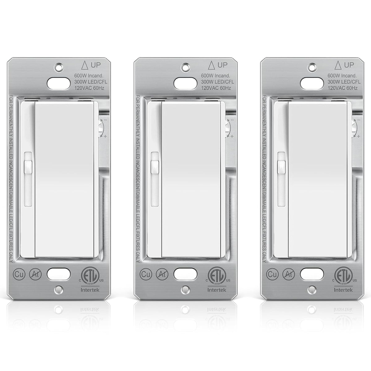 BESTTEN Paquete de 3 interruptores de luz deslizantes con regulador de intensidad, silenciosos, ultradelgados, unipolares o de 3 vías, compatibles con LED, CFL y bombillas incandescentes de hasta 300 W, con certificación ETL, color blanco.