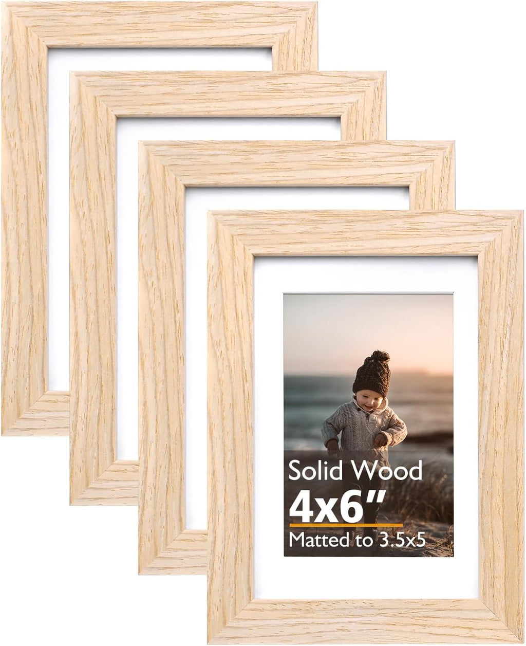 Marco KINLINK 4x6 Natural, Marco de fotos de madera maciza de 4 x 6 con plexiglás acrílico para fotos de 3.5 x 5 con paspartú, Marcos de fotos de mesa y pared 4x6 Natural, Paquete de 4