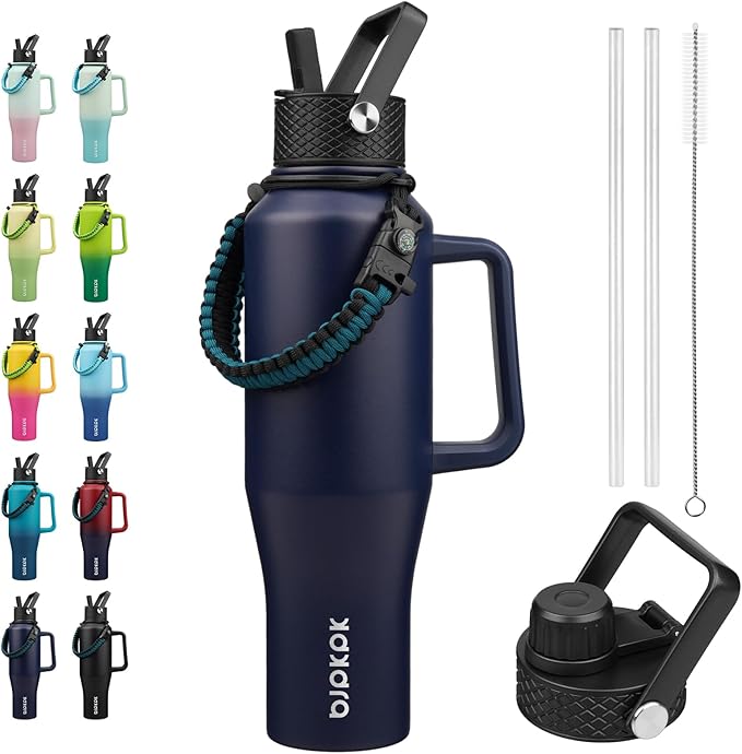⚠️ NOTA IMPORTANTE: NO CONTIENE LA TAPA DE REPUESTO, INCLUYE UNA PAJILLA DE REPUESTO Y EL LIMPIA PAJILLAS | BJPKPK – Botella de Agua Aislada 40oz con Tapa de Popote | 2 Tapas | Correa Paracord | Acero Inoxidable Doble Pared | Con Asa