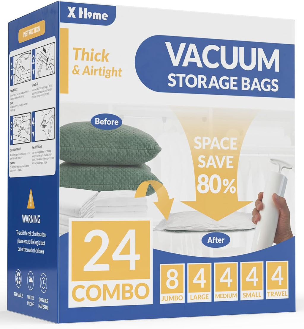 8 Pack Jumbo Vacuum Storage Bags, 80% Space Saver Vacuum Seal Bags for Clothing Bedding, Blankets, Comforters, Duvets, Quilts, and Pillows, Vacuum Compression Bags with Travel Hand Pump