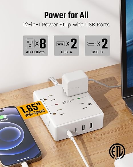 Cable de extensión de 10 pies con múltiples tomas, tira de alimentación con protector de sobretensiones de enchufe plano, cable de 10 pies de largo, 8 salidas y 4 puertos USB