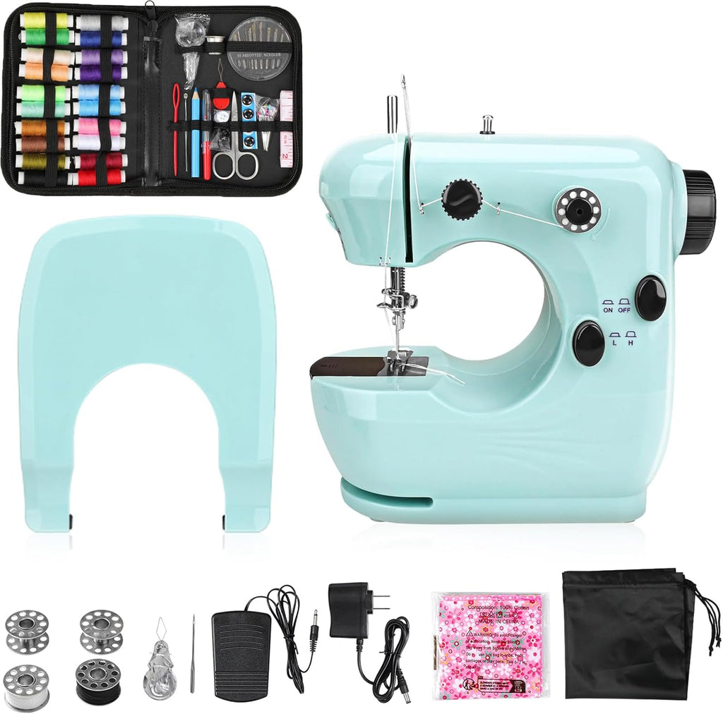 Mini máquina de coser portátil para principiantes: máquinas de coser pequeñas y fáciles de usar con kits de costura, cubierta y mesa extensible verde 