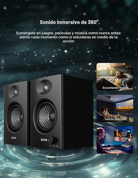 OHAYO Bocinas para PC y Gaming 60W | Bluetooth 5.3, Estéreo 2.0 | Entrada AUX, RCA, USB | 1 Par Negro