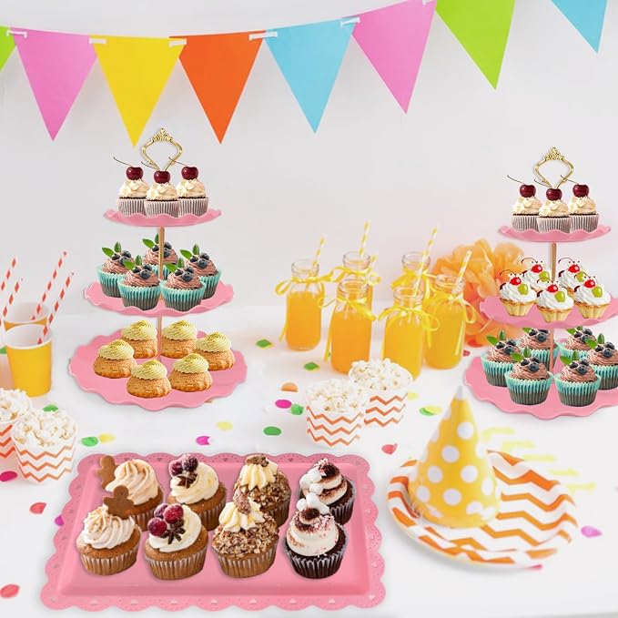 Set Expositor de Postres NAXIHOPT – 2 Torres para Cupcakes 3 Niveles y 2 Bandejas Rosadas (Solo Incluye 2 Bandejas)