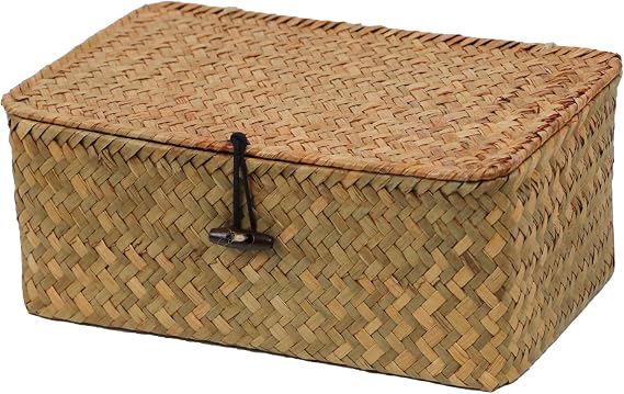 Cesta de mimbre con tapa, cestas de almacenamiento de hierba marina natural para organizar, cesta tejida para almacenamiento, cajas decorativas con tapas para decoración del hogar (‎natural, pequeña)