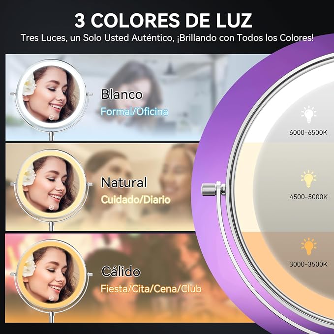 Auxmir Espejo Maquillaje con Luz, 30X/1X Aumento Espejo Telescópico Altura Ajustable 3000mAh Recargable USB, 3 Colores de Luz 60 Leds Brillo Regulable 360 Giratorio, Plata