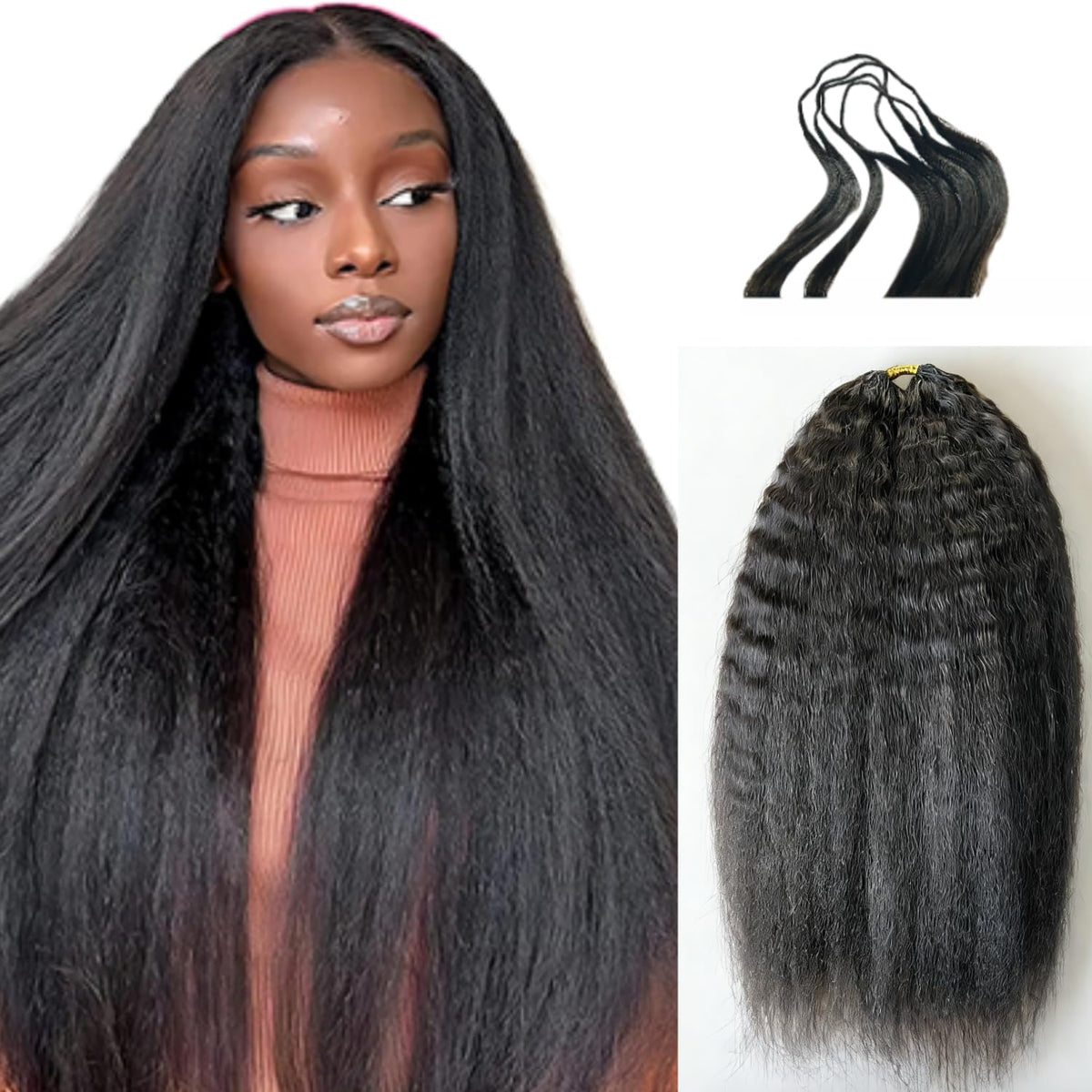 Extensiones de cabello de crochet pre-separadas sin nudos, cabello afro rizado liso, extensiones de crochet de plumas 100% cabello humano para mujeres, color natural, 14 pulgadas, 120 g