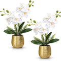 Juinte 2 orquídeas artificiales en jarrón de cerámica dorado de 33 cm (13 pulgadas), orquídeas Phalaenopsis blancas artificiales para decoración de mesas de comedor, bodas, fiestas y hogares.