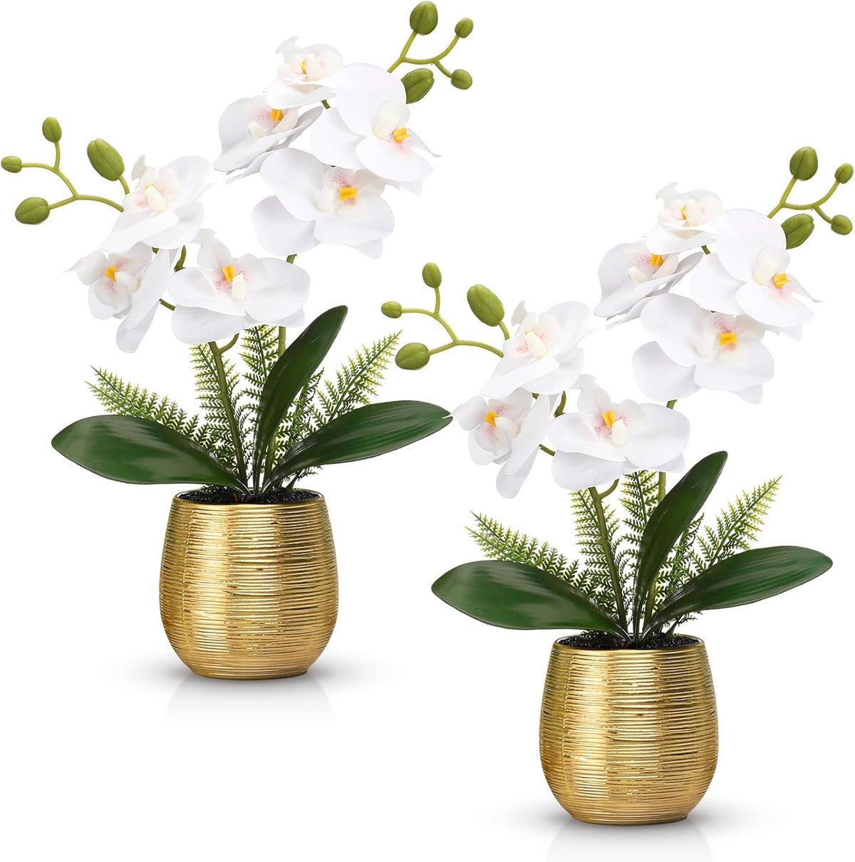 Juinte 2 orquídeas artificiales en jarrón de cerámica dorado de 33 cm (13 pulgadas), orquídeas Phalaenopsis blancas artificiales para decoración de mesas de comedor, bodas, fiestas y hogares.