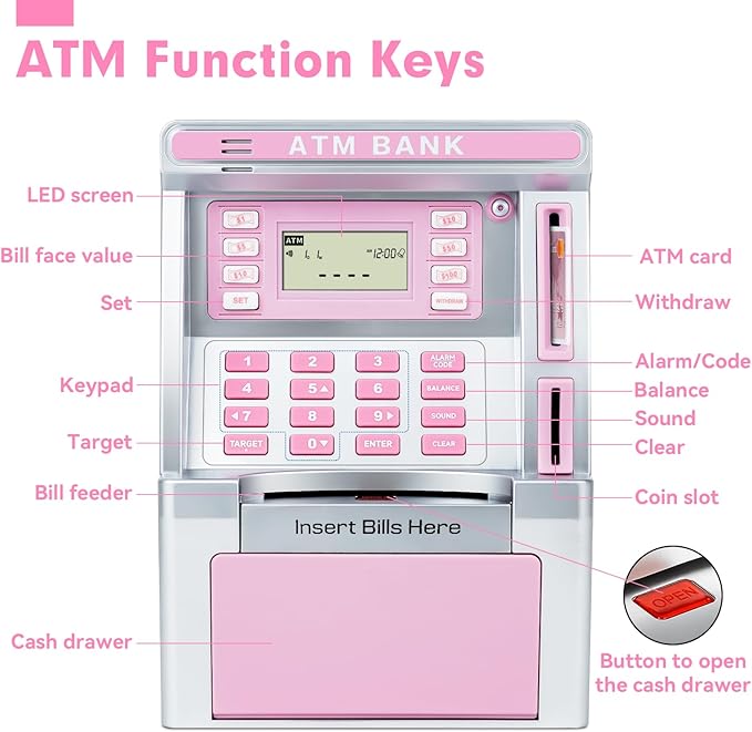 Alcancía rosa para niños, máquina de cajero automático para dinero real con tarjeta de débito, alimentador de billetes, reconocimiento de monedas, calculadora de saldo, caja de seguridad electrónica