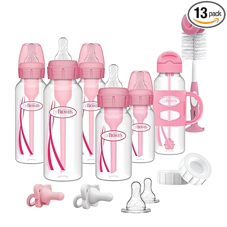 Dr. Brown's Anti-Colic Options+ - Juego de regalo de botella estrecha con botella de sorbete con popote, chupetes de silicona HappyPaci, tapas de almacenamiento/viaje y cepillo para botella, color