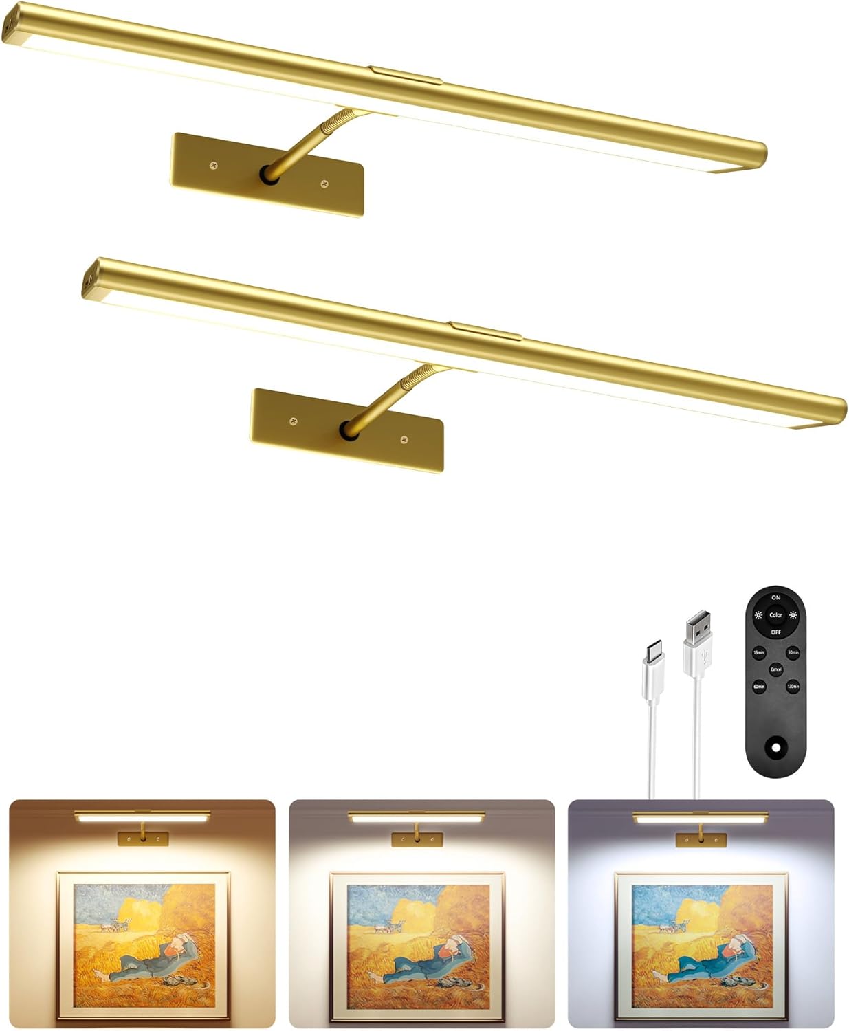 EZVALO - Lámpara de pared para cuadros, recargable por 4800 mAh, control remoto inalámbrico por infrarrojos, luz LED magnética regulable de 16'' con 3 temperaturas de color, para galería, sala de estar y dormitorio (paquete de 2 doradas) 