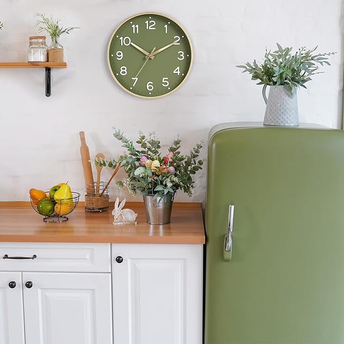 Reloj de Pared Silencioso Roymnie 14" – Analógico Verde y Dorado, Sin Tictac, A Batería