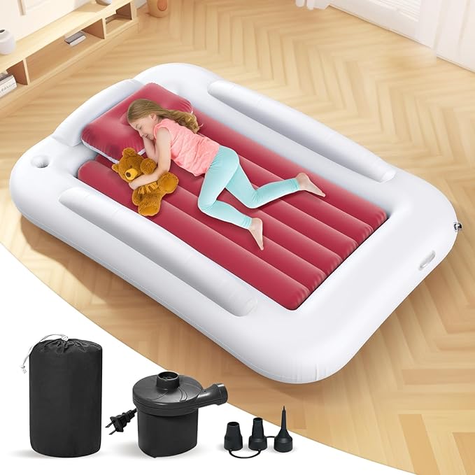 Cama inflable de viaje para niños pequeños, cama portátil de 60 pulgadas para viajes con lados de seguridad, acogedor juego de colchón de aire para niños con bomba de alta velocidad