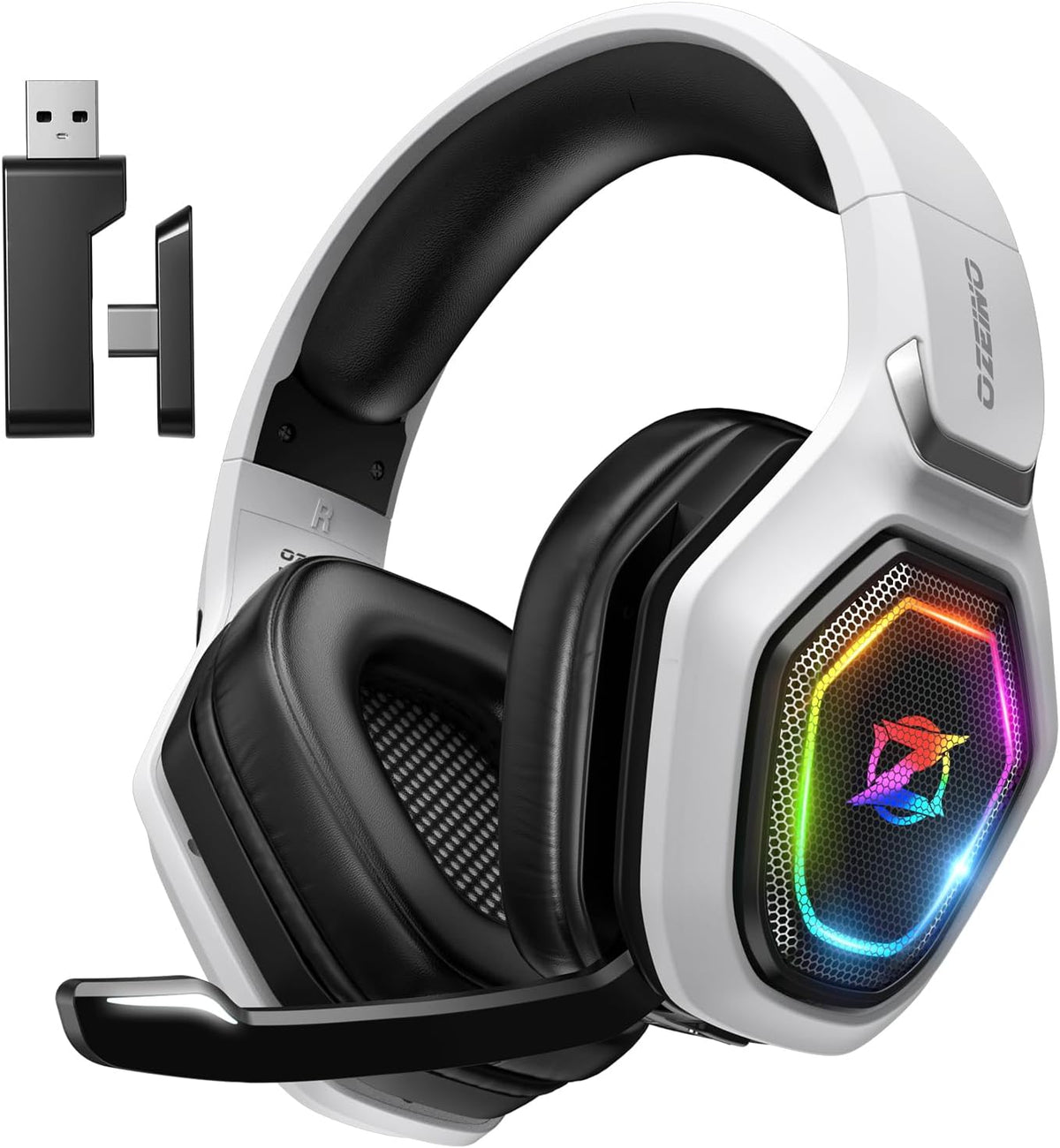 Auriculares inalámbricos para juegos Ozeino de 2,4 GHz para PC, PS5, PS4 - Audio sin pérdidas USB y USB tipo C Auriculares para juegos ultra estables con micrófono abatible, batería de 40 horas Auriculares para gamers para Switch, portátil, móvil, Mac