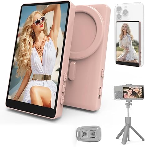 Monitor Selfie Vamvo 1080P con Control Remoto — Magnético, Espejo Inalámbrico para Android/iOS, Creadores de Contenido y TikTok (Rosa)