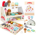 ZJEFUNS Wooden Ice Cream Toys for Kids Ice Cream Counter Shop for Toddlers Pretend Play Food Scoop and Serve with Scoop & Menu & Fake Money for Boys and Girls Ages 3 4 5 6 (Beige)