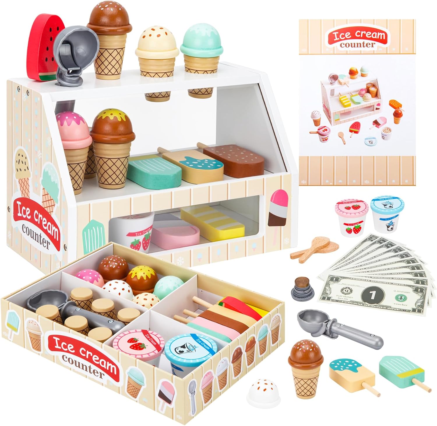 ZJEFUNS Wooden Ice Cream Toys for Kids Ice Cream Counter Shop for Toddlers Pretend Play Food Scoop and Serve with Scoop & Menu & Fake Money for Boys and Girls Ages 3 4 5 6 (Beige)