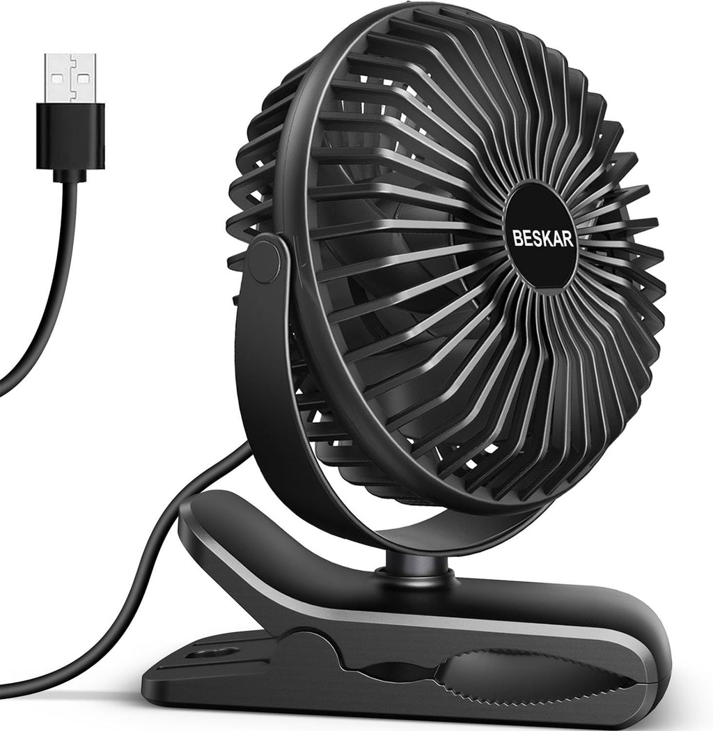 Ventilador Pequeño con Clip BESKAR, Ventilador USB 3 Velocidades con Flujo de Aire Fuerte, Ventilador de Escritorio y Clip USB con Abrazadera Resistente - Operación Ultra Silenciosa para Oficina, Dormitorio, Carrito