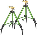 Aspersor de impacto Triumpeek (paquete de 2) con base de trípode y estacas, sistema de riego de gran cobertura de 360 grados con patas extensibles, boquilla de latón ajustable y conexión de manguera de entrada NH de 3/4".