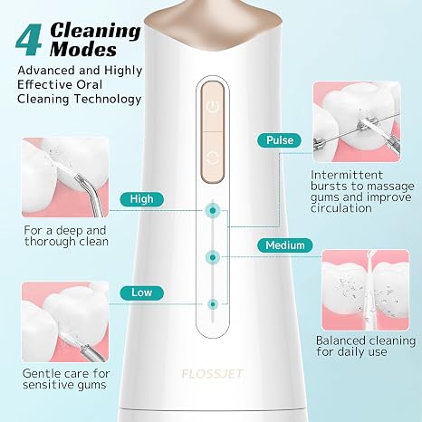 FlossJet Irrigador Dental Inalámbrico 300ml - 4 Puntas, 4 Modos, USB-C, IPX7