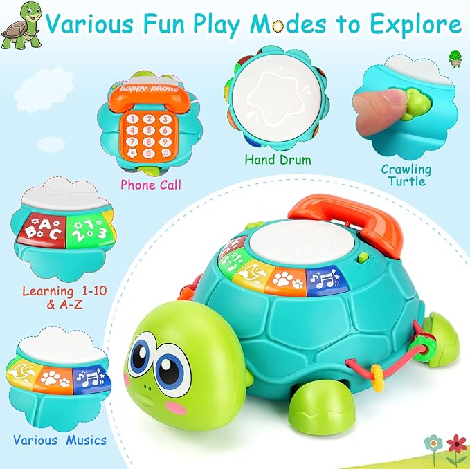 Juguetes musicales de tortuga para bebés de 6 a 12 meses, juguetes musicales con luz para bebés, juguetes para el tiempo de barriga, desarrollo, juguetes para gatear para niños de 7 8 9 10+ meses