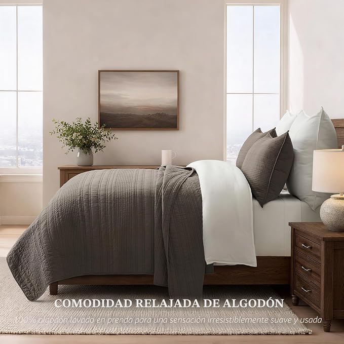 EVERGRACEHOME Juego de edredón de líneas modernas de 100 % algodón, tamaño King, prelavado, suave a rayas, juego de ropa de cama ligero de 3 piezas para todas las estaciones, con 2 fundas de almohada