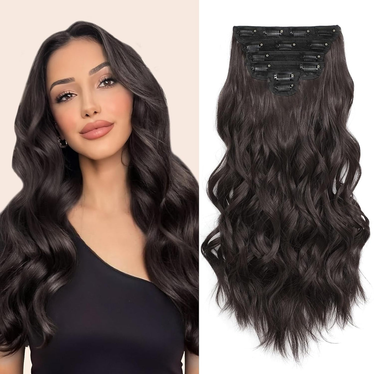 Extensiones de Cabello con Clip Fliace – 6 Piezas, 16 Pulgadas, Ondulado Marrón Oscuro