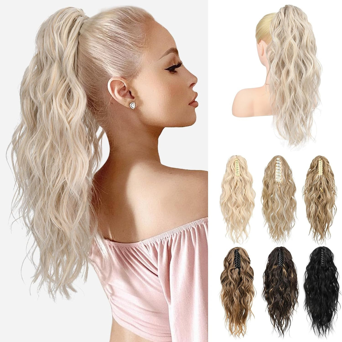Extensión de Coleta LONAI 45cm (18") Ondulada con Clip – Cabello Sintético, Color Rubio Ahumado Claro, Coleta Postiza hasta los Hombros