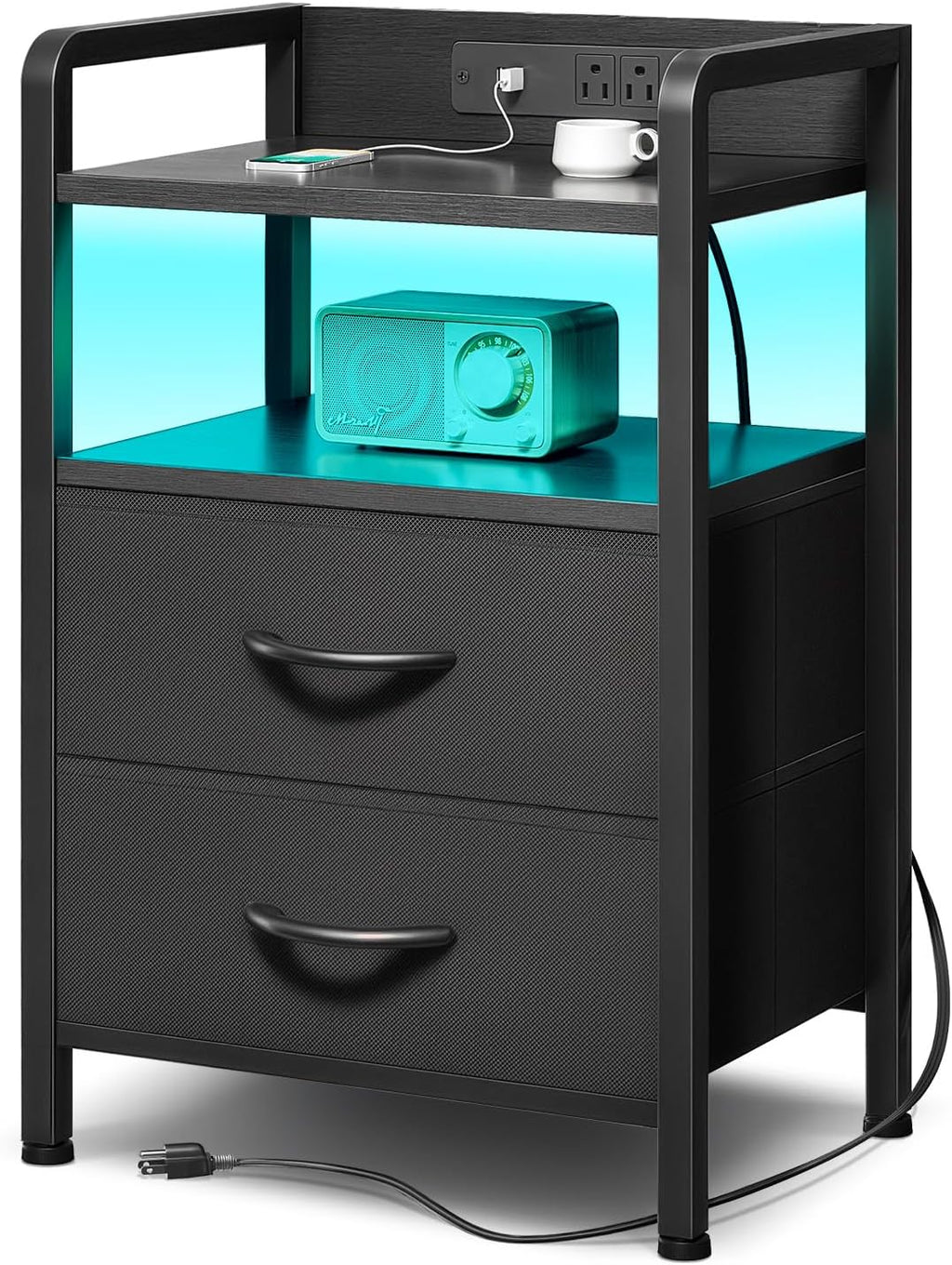 Mesita de noche Lazzanto con cargador para dormitorio: mesita de noche con estación de carga y tira de luz LED, mesita de noche con estante de almacenamiento y 2 cajones de tela, mesa auxiliar moderna con puertos USB y tomas de corriente.