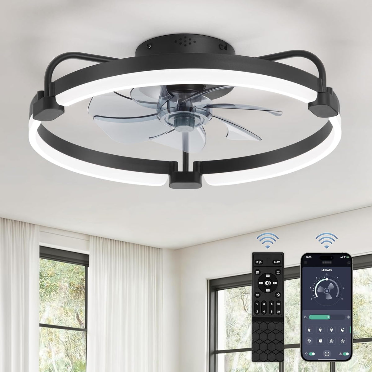 Ventilador de techo LEDIARY con luz y control remoto, ventilador de techo de perfil bajo de 20'' con luz, luz LED regulable de 3000-6000K, 6 velocidades de viento, ventilador de techo moderno negro de montaje empotrado para dormitorio