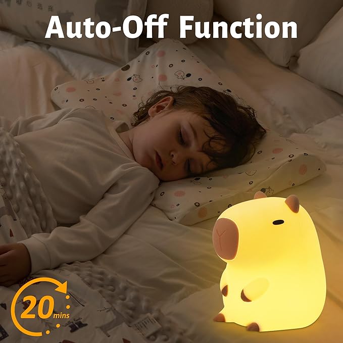Capybara - Luz nocturna para niños, lámpara de noche de silicona animal recargable por USB, control táctil con regulador y temporizador, bonita decoración de noche para el hogar, portátil, regalo de cumpleaños Kawaii para niñas y niños
