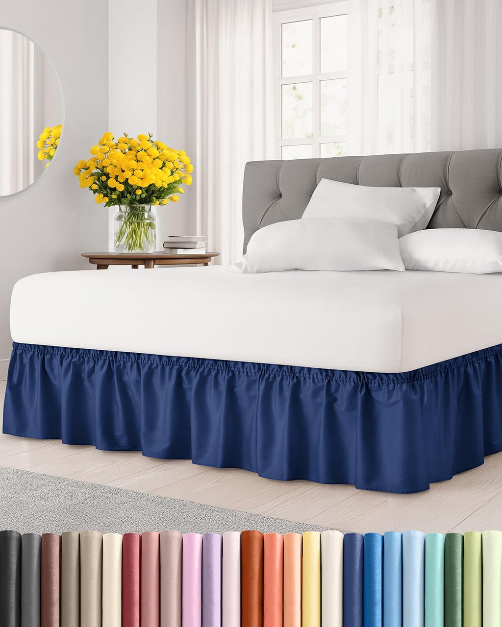Falda de cama envolvente con volantes - Azul marino - para camas tamaño Queen con caída de 30 cm - Correa elástica - Falda de cama plisada ajustable con tela cepillada y sin arrugas - para mujeres, hombres, niños y adolescentes