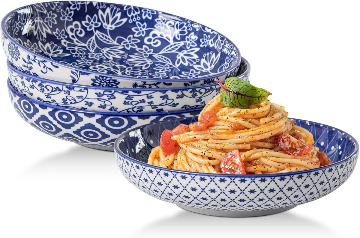 Juego de cuencos de cerámica Cerkik para pasta - 946 ml (32 oz) - Cuencos de porcelana para servir sopa o cereales, 21, 5 cm (8,5 pulgadas) de ancho y cuencos poco profundos para ensalada o cena - Aptos para microondas - Azul vintage
