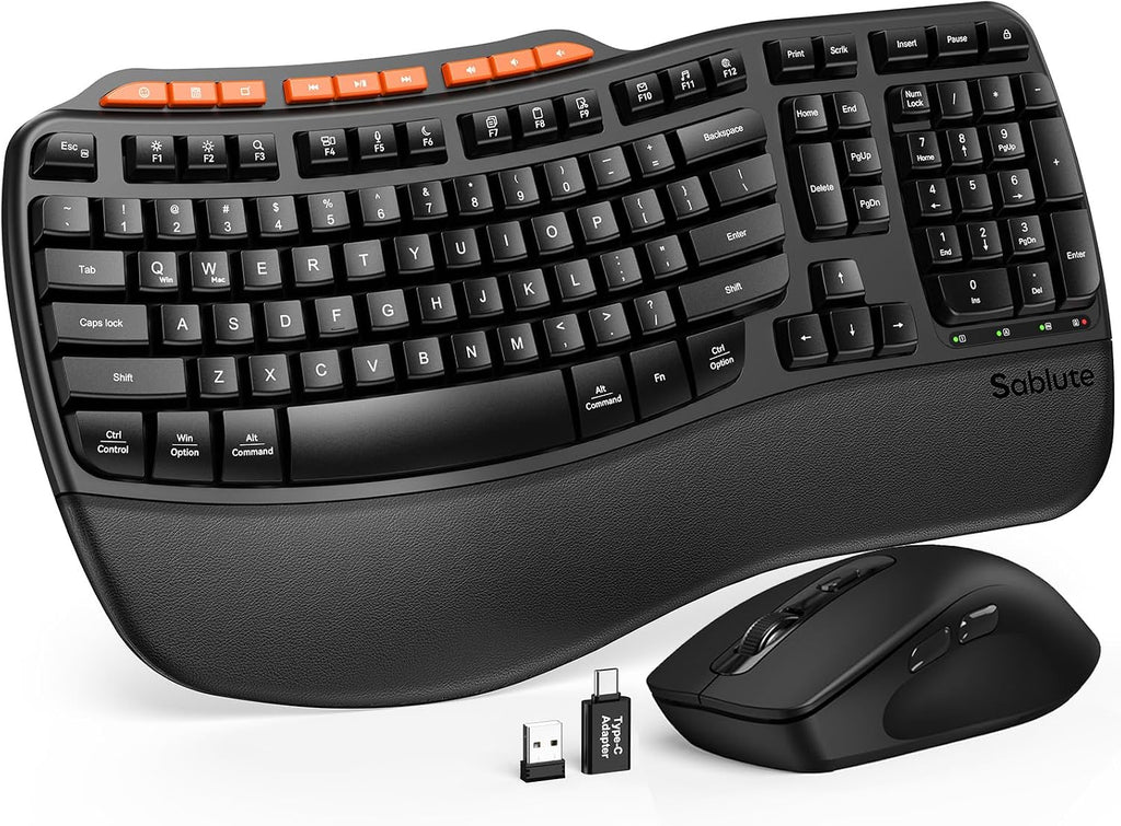 Combo ergonómico inalámbrico de teclado y ratón, teclado Wave de tamaño completo de 2,4 GHz con reposamanos acolchado, escritura natural, ratón con 3 DPI ajustables, USB-A y C para ordenador/portátil/Mac/tableta - Sablute MA31