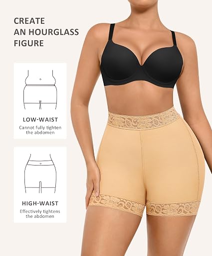 FeelinGirl Pantalones cortos moldeadores con control de abdomen, levantador de glúteos, de talle medio, con encaje, ropa interior, color piel, talla S