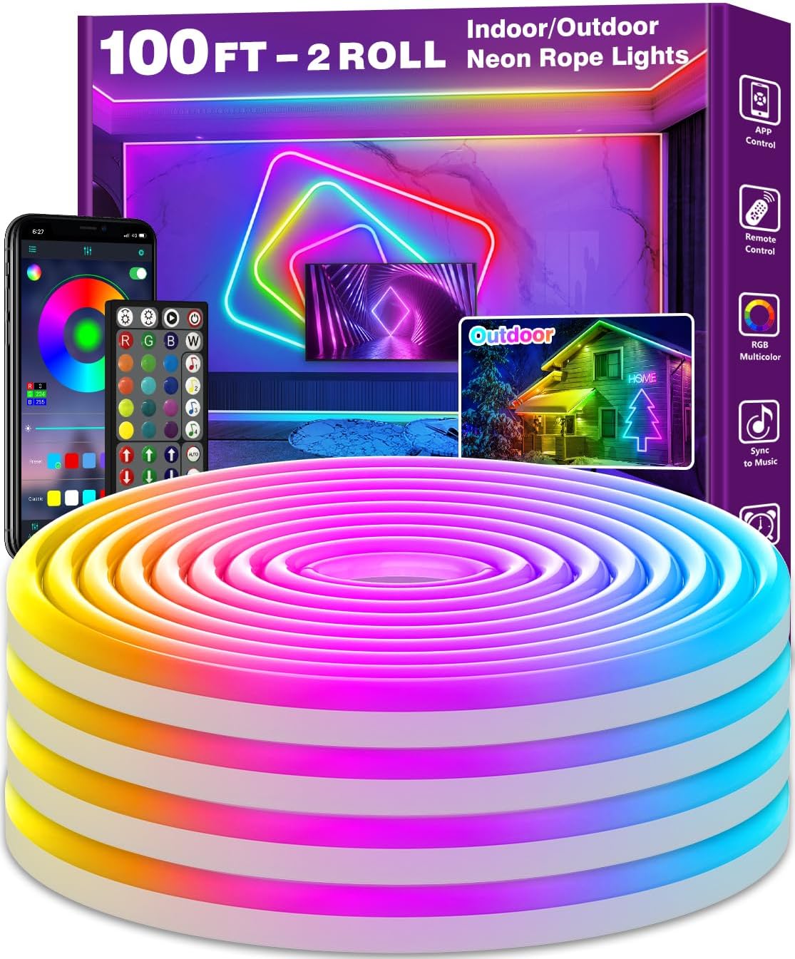 AILBTON 100Ft Neon Rope Lights,Flexible Led Rope Lights Control with App/Remote,Multiple Modes Rope Lights,IP65 Outdoor RGB Led Neons Lights,Music Sync Gaming Led Neon Light Strip for Bedroom Decor