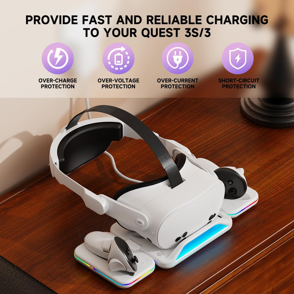 Base de carga RGB para Oculus Quest 3S/3, estación de carga plegable para auriculares y controladores Meta 3S VR, con 2 baterías recargables de 2100 mAh, compatible con indicador LED
